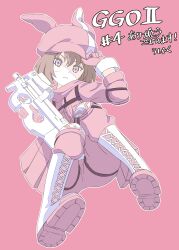 1girl absurdres animal_hat boots brown_hair bullpup commentary_request feza_chen_(ushaku) full_body gloves gun hat highres jacket llenn_(sao) looking_at_viewer p-chan_(p90) p90 pants personal_defense_weapon pink_gloves pink_hat pink_jacket pink_pants pink_theme rabbit_hat short_hair solo submachine_gun sword_art_online sword_art_online_alternative:_gun_gale_online weapon