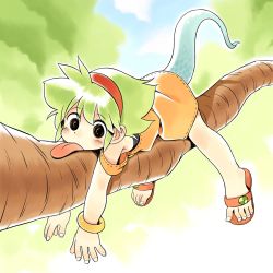 Rule 34 | 1girl, bracelet, dress, feet, full body, green hair, hairband, in tree, jewelry, legs, lying, monster girl, on back, original, oyatsu (mk2), sandals, short hair, tail, toes, tongue, tongue out, tree