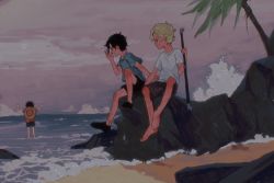 Rule 34 | 3boys, akihare, beach, black hair, blonde hair, brothers, calling, holding, holding smoking pipe, male focus, monkey d. luffy, multiple boys, ocean, one piece, smoking pipe, portgas d. ace, sabo (one piece), short hair, short sleeves, shorts, siblings, sitting, waves