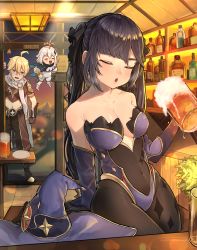 Rule 34 | 2girls, absurdres, aether (genshin impact), alcohol, bar (place), bare shoulders, beer, beer mug, black footwear, black gloves, black hair, black legwear, black pants, black ribbon, blonde hair, blush, bodystocking, bottle, breasts, ceiling light, center opening, cleavage, collarbone, commentary, covered navel, cowboy shot, crescent, crescent hat ornament, cup, detached sleeves, drunk, english commentary, eungi, closed eyes, floating, genshin impact, gloves, hair ribbon, halo, hat, hat ornament, unworn hat, unworn headwear, heavy breathing, highres, holding, holding cup, huge filesize, indoors, leotard, long hair, long sleeves, medium breasts, mona (genshin impact), mug, multiple girls, navel, paimon (genshin impact), pants, purple headwear, purple leotard, ribbon, scarf, silver hair, single glove, sitting, standing, twintails, v-shaped eyebrows, walk-in, white scarf, witch hat, yellow eyes