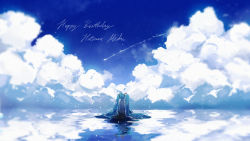 Rule 34 | 1girl, aqua hair, bare shoulders, black skirt, blue sky, character name, cloud, commentary, contrail, detached sleeves, from behind, grey shirt, hair ornament, happy birthday, hatsune miku, highres, kiiovo, long hair, ocean, reflection, scenery, shirt, sitting on water, skirt, sky, solo, twintails, very long hair, very wide shot, vocaloid, water world