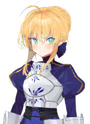 Rule 34 | 1girl, ahoge, aqua eyes, armor, armored dress, artoria pendragon (all), artoria pendragon (fate), blonde hair, blue dress, blue ribbon, closed mouth, dress, fate/stay night, fate (series), green eyes, hair between eyes, hair bun, hair ribbon, juliet sleeves, long sleeves, looking at viewer, multicolored eyes, pinch (nesume), puffy sleeves, ribbon, saber (fate), simple background, single hair bun, solo, upper body, white background