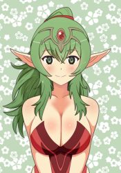 Rule 34 | 1girl, bare arms, bare shoulders, breasts, cleavage, collarbone, facing viewer, female focus, fire emblem, fire emblem awakening, floral background, green eyes, green hair, highres, large breasts, long hair, long pointy ears, looking at viewer, medium breasts, mature female, nintendo, no bra, aged up, orbiculare, pointy ears, ponytail, smile, solo, tiara, tiki (fire emblem), upper body
