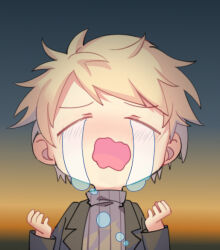Rule 34 | 1boy, atou haruki, black jacket, blonde hair, brown sweater, chibi, chibi only, closed eyes, commentary, crying, fengtian (artist), gradient background, hands up, jacket, long sleeves, male focus, open clothes, open jacket, open mouth, ribbed sweater, saibou shinkyoku, short hair, solo, streaming tears, sweater, tears, turtleneck, turtleneck sweater
