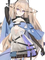 Rule 34 | 1girl, arknights, arm up, belt, brown hair, closed mouth, commentary, hair ornament, highres, indigo (arknights), infection monitor (arknights), long hair, miniskirt, purple eyes, shrug (clothing), sinoda, skirt, solo, very long hair