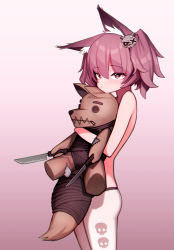 Rule 34 | 1girl, absurdres, animal ear fluff, animal ears, arknights, beudelb, brown background, brown eyes, brown hair, commentary request, gradient background, hair between eyes, heart, heart-shaped pupils, highres, knife, korean commentary, looking at viewer, hugging object, pantyhose, patch, shamare (arknights), solo, stuffed animal, stuffed dog, stuffed toy, symbol-shaped pupils, topless, twintails, underwear, underwear only, white pantyhose