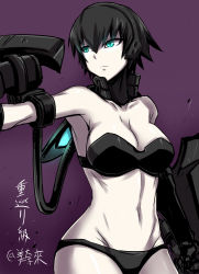 Rule 34 | 10s, 1girl, abyssal ship, bare shoulders, bikini, black bikini, black hair, blue eyes, breasts, cleavage, elbow gloves, gloves, kantai collection, large breasts, machinery, minarai, pale skin, personification, ri-class heavy cruiser, short hair, solo, swimsuit