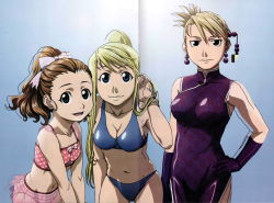 Rule 34 | 3girls, absurdres, adjusting hair, bare arms, bare legs, bare shoulders, bikini, black eyes, blonde hair, blue bikini, blue eyes, breasts, brown eyes, brown hair, china dress, chinese clothes, cleavage, closed mouth, cowboy shot, dress, earrings, elbow gloves, flat chest, folded ponytail, fullmetal alchemist, gloves, gradient background, hair ornament, hand on own hip, happy, high ponytail, highres, jewelry, legs, long hair, looking at viewer, medium breasts, multiple girls, navel, official art, open mouth, ponytail, purple dress, purple gloves, riza hawkeye, scan, shiny clothes, short hair, simple background, sleeveless, smile, standing, swimsuit, thighs, winry rockbell