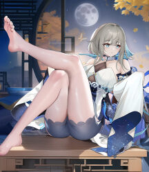Rule 34 | 1girl, architecture, ass, bare shoulders, barefoot, blue eyes, breasts, brown hair, closed mouth, detached sleeves, dress, east asian architecture, falling petals, feet, full body, genshin impact, grey hair, guizhong (genshin impact), hair between eyes, hair ornament, highres, kneepits, kokanoko, legs, long sleeves, moon, petals, short hair with long locks, sleeves past fingers, sleeves past wrists, soles, solo, tassel, tassel hair ornament, thighs, toes, white dress, wide sleeves
