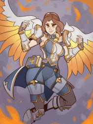 Rule 34 | 1girl, angel wings, armor, blue shirt, book, boots, breasts, brown gloves, brown hair, fingerless gloves, fire, furia, garter belt, garter straps, gloves, grey socks, large breasts, long hair, looking at viewer, armored boots, paladins, shirt, shoulder pads, sleeveless, sleeveless shirt, smile, socks, splashbrush, thighhighs, wings, yellow eyes
