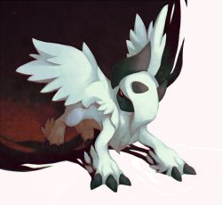 Rule 34 | absol, claws, commentary, creature, creatures (company), english commentary, full body, game freak, gen 3 pokemon, mega absol, mega pokemon, nintendo, no humans, pokemon, pokemon (creature), salanchu, shadow, simple background, solo, standing, white background, wings