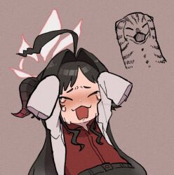 Rule 34 | 1girl, ahoge, arms up, belt, black belt, blue archive, blush, brown background, cat, cat covering ears (meme), chibi, chitosetonbo, closed eyes, commentary, crying, furrowed brow, hair intakes, halo, horns, kasumi (blue archive), long sleeves, meme, nose blush, open mouth, red shirt, shirt, simple background, sleeves past fingers, sleeves past wrists, tears, white halo