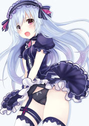 Rule 34 | 1girl, black panties, blush, breasts, fairy fencer f, frills, lolita fashion, long hair, mikan no shiru, open mouth, panties, pantyshot, red eyes, simple background, skirt, small breasts, solo, thighhighs, tiara (fairy fencer f), underwear, white hair