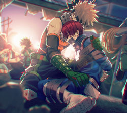 Rule 34 | 2others, 3boys, bakugou katsuki, bare shoulders, blood, blood on face, blurry, boku no hero academia, boots, bound, burn scar, closed eyes, depth of field, destruction, duct tape, dutch angle, explosive, gag, gagged, gagged male, gloves, green gloves, grenade, hand on another&#039;s shoulder, heterochromia, highres, holding, holding rope, improvised gag, injury, knee pads, lens flare, male focus, midoriya izuku, multicolored hair, multiple boys, multiple others, red hair, rope, rumos 115, scar, scar on face, split-color hair, tape, tape bondage, tape gag, todoroki shouto, torn clothes, two-tone hair, white footwear, white hair