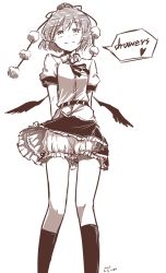Rule 34 | 1girl, arms behind back, bloomers, dated, english text, from below, hat, heart, kawashina (momen silicon), kneehighs, light smile, looking at viewer, low wings, monochrome, necktie, shameimaru aya, shirt, short hair, skirt, smile, socks, solo, tokin hat, touhou, underwear, upskirt, white background, wind, wind lift, wings