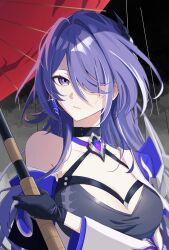 Rule 34 | 1girl, absurdres, acheron (honkai: star rail), black choker, black gloves, breasts, ch1yo (cy ch1yo), choker, cleavage, commentary, detached sleeves, gloves, hair over one eye, hand up, highres, holding, holding umbrella, honkai: star rail, honkai (series), long hair, looking at viewer, medium breasts, purple eyes, purple hair, rain, red umbrella, single bare shoulder, solo, umbrella