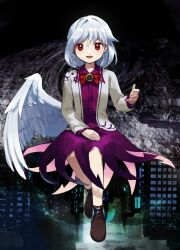 Rule 34 | 1girl, black footwear, boots, dress, feathered wings, full body, grey hair, grey jacket, highres, jacket, kaigen 1025, kishin sagume, long sleeves, looking at viewer, open clothes, open jacket, open mouth, purple dress, red eyes, short hair, single wing, smile, solo, touhou, white wings, wings