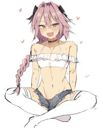 Rule 34 | 1boy, astolfo (fate), black choker, bow, braid, braided ponytail, choker, crop top, crossdressing, denim, denim shorts, fate/grand order, fate (series), frills, full body, hair bow, hair intakes, heart, highres, indian style, male focus, midriff, multicolored hair, nabibutter, navel, pink eyes, pink hair, shorts, simple background, sitting, solo, streaked hair, sweat, sweatdrop, thighhighs, trap, unbuttoned, white thighhighs