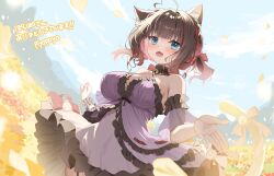Rule 34 | 1girl, absurdres, ahoge, animal ears, arm garter, artist name, babydoll, bell, blue eyes, bow, breasts, brown hair, cat ears, cat girl, cat tail, chisse-neko, choker, colored inner hair, commission, criss-cross halter, falling petals, fangs, frilled babydoll, frilled choker, frills, halterneck, heart, heart ahoge, highres, indie virtual youtuber, large breasts, meadow, multicolored hair, neck bell, open mouth, petals, piyopoyo, purple babydoll, red bow, red hair, second-party source, short hair, skeb commission, sky, solo, streaked hair, tail, tail bell, tail bow, tail ornament, virtual youtuber, yellow petals