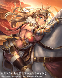 Rule 34 | 1girl, armor, blonde hair, blue eyes, blush, breasts, cape, cleavage, cliff, commentary request, copyright notice, cuboon, dusk, elbow sleeve, forehead protector, frills, fur trim, gauntlets, helmet, horn (instrument), horse, horseback riding, large breasts, leg armor, long hair, looking at viewer, lost crusade, midriff, official art, parted lips, pelvic curtain, red cape, riding, sideboob, solo, strap, sunset, thighhighs, thighs, visor
