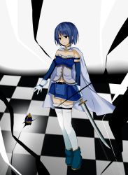 Rule 34 | 10s, blue hair, cape, highres, magical girl, mahou shoujo madoka magica, mahou shoujo madoka magica (anime), miki sayaka, solo, soul gem, spoilers, sword, thighhighs, weapon