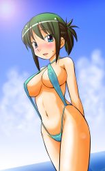 Rule 34 | 1girl, beach, blue eyes, blush, breasts, cameltoe, cloud, day, green hair, highres, large breasts, navel, outdoors, sky, slingshot swimsuit, solo, swimsuit