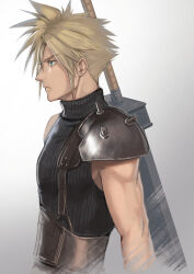Rule 34 | 1boy, @acchom zatta, absurdres, armor, blonde hair, blue eyes, blue sweater, buster sword, closed mouth, cloud strife, commentary request, earrings, final fantasy, final fantasy vii, final fantasy vii remake, from side, gradient background, highres, huge weapon, jewelry, male focus, profile, ribbed sweater, short hair, shoulder armor, single bare shoulder, sleeveless, sleeveless turtleneck, solo, spiked hair, stud earrings, suspenders, sweater, sword, turtleneck, turtleneck sweater, upper body, weapon, weapon on back