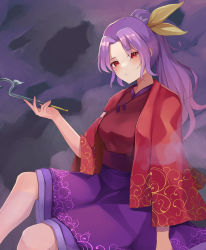 Rule 34 | 1girl, absurdres, blush, commentary request, hair ribbon, hand fan, high ponytail, highres, holding, japanese clothes, kiseru, koizumo, komakusa sannyo, long hair, long sleeves, looking at viewer, parted bangs, parted lips, ponytail, purple background, purple hair, purple skirt, red eyes, red shirt, ribbon, shirt, sidelocks, simple background, sitting, skirt, smile, smoke, smoking pipe, solo, tassel, touhou, upper body, vine print, wide sleeves, yellow ribbon