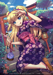 Rule 34 | 2girls, :p, absurdres, blonde hair, blue eyes, bracelet, earrings, feet, furyou michi ~gang road~, geta, highres, japanese clothes, jewelry, kimono, long hair, looking back, mo sheng ren, multiple girls, official art, original, sandals, shoe dangle, smile, soles, solo focus, tongue, tongue out, torii, twintails, v, w, yukata