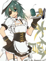 Rule 34 | 10s, 1girl, alternate costume, ammunition, apron, aqua eyes, aqua hair, ascot, black gloves, blush, character name, dangan neko, dated, detached collar, drink, eyepatch, frilled apron, frills, garter straps, gloves, hat, holding, holding plate, image sample, kantai collection, kiso (kancolle), long hair, maid apron, open mouth, pixiv sample, plate, puffy short sleeves, puffy sleeves, sailor hat, short sleeves, simple background, smile, solo, thighhighs, torpedo, twitter username, white background, white thighhighs, zettai ryouiki