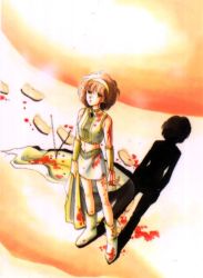 Rule 34 | 1girl, blood, blood on face, blood on clothes, boots, brown hair, footprints, hairband, looking up, midriff, red river, sand, shadow, shinohara chie, short hair, solo, suzuki yuri