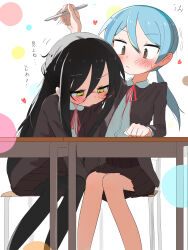 Rule 34 | 2girls, :&lt;, absurdres, arm up, black cardigan, black pantyhose, blue hair, blush, brown eyes, brown skirt, cardigan, chair, closed mouth, collared shirt, commentary request, desk, glasses, half updo, heart, highres, holding, holding pen, kasugai kagari, leaning forward, long hair, long sleeves, looking at another, low ponytail, motion lines, multiple girls, neck ribbon, null-meta, open cardigan, open clothes, open mouth, pantyhose, pen, raised eyebrow, red ribbon, ribbon, saku p, school chair, school desk, shirt, sidelocks, simple background, skirt, souen chiaki, sweatdrop, translation request, white background, white shirt, yellow eyes, yuri