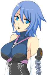 Rule 34 | 1girl, :o, aqua (kingdom hearts), bad id, bad pixiv id, bare shoulders, blue eyes, blue hair, breasts, covered erect nipples, detached sleeves, female focus, hair between eyes, impossible clothes, kingdom hearts, kingdom hearts birth by sleep, lang (chikage36), lips, looking away, looking to the side, matching hair/eyes, medium breasts, no bra, open mouth, ribbon, short hair, simple background, solo, teeth, turtleneck, upper body, white background, white ribbon