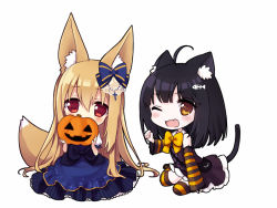 Rule 34 | 2girls, :&gt;, ;d, ahoge, animal ears, black hair, bow, brown eyes, brown hair, cat ears, cat tail, chibi, covering own mouth, detached sleeves, fox ears, fox tail, ghost, hair bow, hair ornament, halloween, jack-o&#039;-lantern, long hair, looking at viewer, multiple girls, one eye closed, open mouth, original, rimo, simple background, smile, striped clothes, striped legwear, striped thighhighs, tail, thighhighs, white background, | |