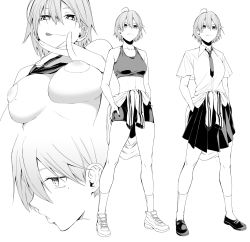 Rule 34 | 1girl, ahoge, bike shorts, bra, bra lift, chicke iii, clothes around waist, clothes lift, greyscale, highres, jacket, jacket around waist, midriff, monochrome, necktie, original, pasties, shoes, short hair, short sleeves, simple background, skirt, sneakers, socks, solo, sports bra, sports bra lift, tomboy, tongue, tongue out, underwear