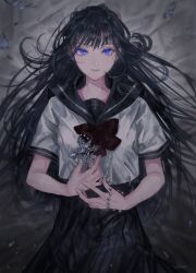 Rule 34 | 1girl, black hair, black sailor collar, black skirt, blue eyes, commentary request, copyright request, cross, expressionless, grey shirt, highres, long hair, looking at viewer, sailor collar, shirt, short sleeves, skirt, solo, ueno zousui, upper body