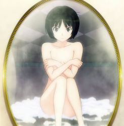 Rule 34 | 1girl, amagami, black hair, bob cut, breast hold, breasts, brown eyes, censored, convenient censoring, covering privates, covering breasts, crossed arms, flat chest, frown, highres, legs, long legs, messy hair, mirror, non-web source, nude, on floor, reflection, screencap, short hair, sitting, solo, stitched, tachibana miya, third-party edit, towel, wet