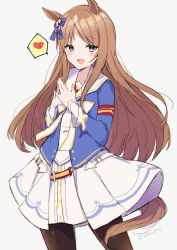 Rule 34 | 1girl, :d, animal ears, armband, black pantyhose, blue eyes, blue jacket, blush, bow, brown hair, commentary request, gradient background, grass wonder (umamusume), grey background, heart, horse ears, horse girl, horse tail, jacket, long hair, long sleeves, looking at viewer, open clothes, open jacket, open mouth, pantyhose, parted bangs, shirt, skirt, smile, solo, sou (soutennkouchi), spoken heart, steepled fingers, tail, twitter username, umamusume, very long hair, white bow, white shirt, white skirt