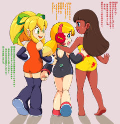 Rule 34 | 3girls, arm around shoulder, arm around waist, ass, bad id, bad pixiv id, bare shoulders, barefoot, blonde hair, blue eyes, blunt bangs, blush stickers, boots, brown hair, call (mighty no. 9), call h, chimuru (minky momo), crossover, dark-skinned female, dark skin, detached sleeves, dress, flats, floral print, green eyes, highres, joints, long hair, low twintails, mahou no princess minky momo, mega man (classic), mega man (series), mighty no. 9, multicolored hair, multiple crossover, multiple girls, pepipopo, ponytail, ribbon, robot ears, robot joints, roll (mega man), scarf, side-by-side, strapless, strapless dress, thigh boots, thighhighs, translation request, twintails, two-tone hair, walking, zettai ryouiki