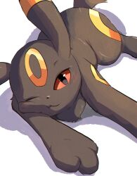 Rule 34 | animal ears, animal focus, black eyes, black fur, colored sclera, creatures (company), facial mark, floameya, fluffy, forehead mark, game freak, gen 2 pokemon, highres, looking at viewer, lying, nintendo, no humans, one eye closed, pokemon, pokemon (creature), red sclera, shadow, simple background, solo, tail, two-tone fur, umbreon, white background
