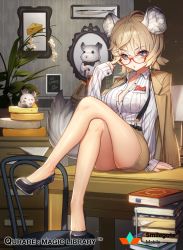 Rule 34 | 1girl, ahoge, animal ears, bare legs, blonde hair, blue eyes, book, book stack, breasts, chair, cheese wheel, crossed legs, desk, drawing (object), female focus, file cabinet, glasses, high heels, indoors, jacket, large breasts, looking at viewer, mouse (animal), mouse ears, mouse tail, pencil skirt, picture frame, qurare magic library, red-framed eyewear, short hair, sitting, skirt, solo, tail, whoisshe