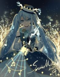 Rule 34 | 1girl, antlers, bare shoulders, beamed eighth notes, black gloves, black hat, blue dress, blue eyes, blue hair, blurry, blurry background, branch, character name, commentary, dress, eighth note, fur-trimmed dress, fur trim, gloves, glowing, hat, hatsune miku, highres, holding, holding wand, hoop skirt, horns, light blue hair, liita (dusk snow), long hair, looking at viewer, musical note, night, quarter note, reindeer antlers, smile, solo, standing, string of light bulbs, treble clef, tree, twig, twintails, very long hair, vocaloid, wand, yuki miku