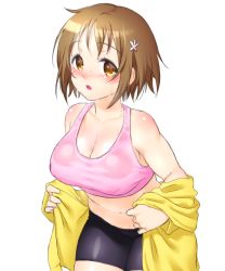 Rule 34 | 10s, 1girl, bike shorts, blush, breasts, brown eyes, brown hair, cleavage, female focus, flower, hair flower, hair ornament, idolmaster, idolmaster cinderella girls, jacket, large breasts, looking at viewer, mimura kanako, navel, onsoku inu, open mouth, plump, short hair, simple background, solo, sports bra, sweat, wet, wet clothes