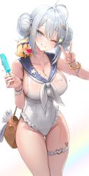 Rule 34 | 1girl, absurdres, azur lane, blue eyes, breasts, cleavage, covered navel, double bun, food, freng, grey hair, hair bun, highres, holding food, holding popsicle, jade (a lick of summer) (azur lane), jade (azur lane), large breasts, looking at viewer, manjuu (azur lane), official alternate costume, one-piece swimsuit, one eye closed, parted lips, popsicle, sailor collar, sailor one-piece swimsuit, sideboob, smile, solo, swimsuit, thigh strap, v, white one-piece swimsuit
