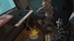 Rule 34 | animal ears, auguste, warrior of light (ff14), birthday cake, blonde hair, cake, cat ears, cat tail, covering own eyes, crying, dated, drawing tablet, final fantasy, final fantasy xiv, food, highres, keyboard (computer), miqo&#039;te, mouse (computer), recursion, short shorts, shorts, sitting, solo, star (symbol), tail, thighhighs, zettai ryouiki