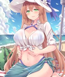 Rule 34 | 1girl, amane hasuhito, beach, bikini, blue bikini, blush, breasts, brown hair, cleavage, cloud, commentary request, day, girls&#039; frontline, green eyes, hat, large breasts, long hair, navel, official alternate costume, sky, smile, solo, springfield (girls&#039; frontline), springfield (stirring mermaid) (girls&#039; frontline), sunlight, swimsuit, umbrella, very long hair