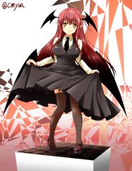 Rule 34 | 1girl, bad id, bad pixiv id, bat wings, black necktie, blush, breasts, brown thighhighs, clothes lift, dress shirt, female focus, garter straps, head wings, koakuma, large breasts, long hair, long sleeves, looking at viewer, mary janes, multiple wings, necktie, pointy ears, red hair, shirt, shoes, skirt, skirt lift, smile, solo, thighhighs, touhou, vest, wings, yellow eyes, yua (checkmate)
