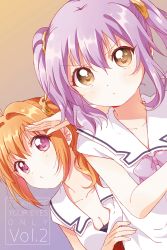 Rule 34 | 10s, 2girls, absurdres, ahoge, arm up, blush, breasts, brown eyes, character request, cleavage, closed mouth, collarbone, highres, looking at viewer, medium breasts, multiple girls, namori, official art, orange hair, purple eyes, purple hair, release the spyce, sagami fuu, short hair, short ponytail, short sleeves, short twintails, side ponytail, twintails, v-shaped eyebrows, yachiyo mei