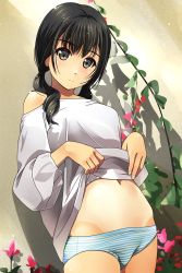 Rule 34 | 1girl, bare shoulders, black eyes, black hair, blush, breasts, clothes lift, highres, lifting own clothes, long hair, looking at viewer, low twintails, matsunaga kouyou, navel, original, panties, skirt, skirt lift, solo, striped clothes, striped panties, tan, tanline, twintails, underwear