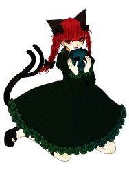 Rule 34 | 1girl, animal ears, bad id, bad pixiv id, black nails, braid, cat ears, cat girl, cat tail, dress, eyelashes, female focus, frills, full body, gira, highres, holding, kaenbyou rin, kneeling, multiple tails, nail polish, red hair, skull, solo, tail, touhou, transparent background, twin braids
